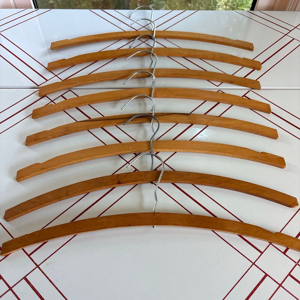 Vintage Wood Clothes Hangers Set of 8 Curved Notched 16 Inch